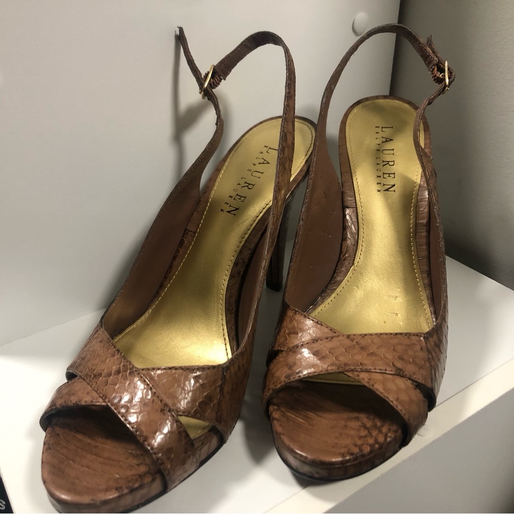 Lauren Ralph Lauren Brown Snakeskin Heeled Sandals. Size 7 Never worn. Open toe